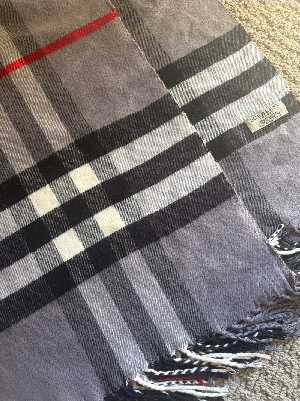 Burberry Gray Plaid Cashmere-Blend Scarf with Red Accent
